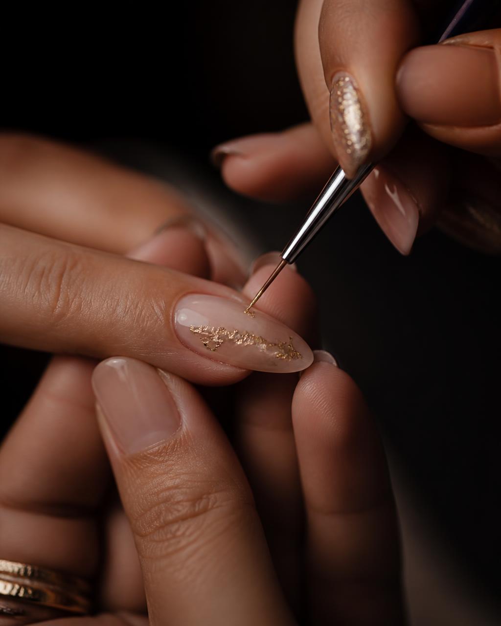 Nail artist applying fine gold foil detail with a brush
