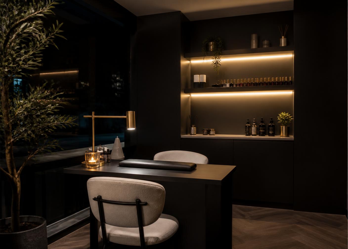 Moody private nail studio interior with warm gold lighting